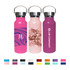 A drink bottle collection featuring three 500ml double wall vacuum bottles in pink, light pink, and purple, with stainless steel lids and logos.