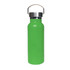 A drink bottle with a bright green exterior and a stainless steel lid. It features a handle and is double-walled.