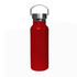 A drink bottle in red with a stainless steel lid and a handle, featuring a logo.