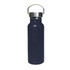 A drink bottle in navy blue with a stainless steel lid and a metal handle, featuring a logo.