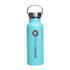 A drink bottle in bright blue with a stainless steel lid and a logo on the side.