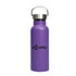 A drink bottle in purple with a stainless steel lid and a logo. It features a double wall vacuum design.