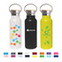 A drink bottle set featuring three 500ml double wall vacuum bottles in white, black, and yellow, with bamboo lids and logos.