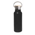 A drink bottle featuring a black exterior and a bamboo lid, with a stainless steel neck and a metal handle.