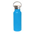 A drink bottle in bright blue with a stainless steel top and bamboo lid, featuring a metal carrying loop.
