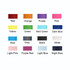 A selection of colour swatches including red, orange, purple, pink, yellow, green, and more on a neutral background.