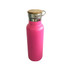 A drink bottle featuring a vibrant pink body, stainless steel and bamboo lid, with a metal handle.