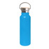 A drink bottle in bright blue with a bamboo lid and stainless steel accent, featuring a handle for easy carrying.