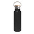 A drink bottle in black with a bamboo lid and metal handle, featuring a branding logo.