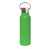 A drink bottle in vibrant green with a bamboo lid and stainless steel accents. It features a carrying handle.