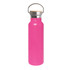 A drink bottle in bright pink with a bamboo lid and stainless steel accents. Features a handle for easy carrying.