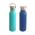 A drink bottle set featuring a teal and a navy blue 600ml double wall vacuum design, both with bamboo lids and silver accents.