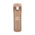 A drink bottle with a flip-top lid, featuring a stainless steel finish in gold and a logo on the front.