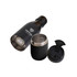A drink bottle featuring a black stainless steel design with a detachable lid and inner cup, branded with a logo.