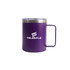 A purple stainless steel mug with a silver lid and a handle, featuring a logo on the front.