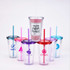 A collection of clear plastic cups with colourful lids and straws, featuring various logos.