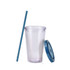 A clear plastic cup with a blue lid and straw, designed for drinks. The cup is 16oz in size.