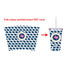 A set of plastic cups with lids and straws, featuring a navy blue patterned design and a circular logo.