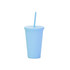 A blue matte plastic cup with a lid and straw, perfect for beverages. Features a logo on the cup.