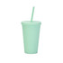 A mint green plastic cup with a lid and straw, suitable for beverages. Features a logo on the cup.