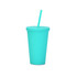 A turquoise 16oz matte plastic cup with a lid and straw, ideal for beverages. Features a logo on the surface.