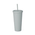 A matte grey plastic cup with a lid and straw, designed for drinks. It includes a logo.