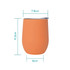 An orange, egg-shaped coffee cup with a stainless steel rim, featuring dimensions for reference.