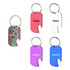 A drink bottle opener keyring in red, pink, white, blue, and purple, featuring a logo on one design.