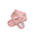 A pink promotional headband with a soft, textured surface and a velcro fastening. It has a branded logo.
