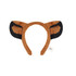 A custom animal hairband featuring soft brown fabric with black accents resembling animal ears. It has a logo.