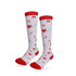Red and white compression socks featuring a pattern of hearts, pills, and medical symbols, with a logo.