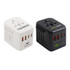 A universal travel adapter with USB-C ports in white and black, featuring multiple plug options and branding.