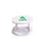 A round white phone holder with a logo, featuring a simplistic design and flexible stand for stability.