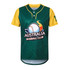A green and yellow men's baseball jersey featuring a logo, made from 100% polyester with a two-button design.
