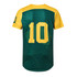 A green and yellow men's polyester sublimated baseball jersey featuring a large number 10 on the back and a logo on the sleeve.