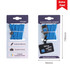 A blue adjustable phone lanyard with a metal buckle, displayed with packaging including a logo and measurements.