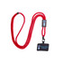 A red adjustable phone lanyard with a metal buckle and an attached card holder. Features a logo.