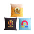 Three square cushions featuring designs: one with a beer theme, a black one with a logo, and a blue one with a colourful graphic.