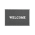 A grey floor mat with a textured surface featuring the word "WELCOME" in white lettering.