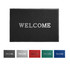 A black mat with a debossed logo and the word "WELCOME," alongside mats in grey, red, green, and blue.