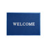 A blue floor mat with a textured surface featuring a welcome message in white lettering.