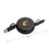 A retractable portable charging cable in black, featuring dual connectors and a logo on the circular casing.