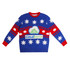 A unisex winter acrylic jacquard sweater in blue, red, and white with a festive star pattern and a logo.