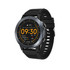 A round smartwatch in black with a digital display featuring several stats and icons. It has a sporty black strap and a logo.