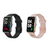 A square smart band in black and a light pink variant with a logo, featuring digital displays.