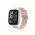 A square smart watch in light beige with a gold frame, displaying fitness stats on a vibrant screen.