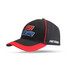 A black cap with red trim and a logo on the front. It features embroidered text in blue and red.