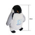 A soft, plush penguin toy in black, white, and grey, featuring a logo on its front, sized at 21 cm.