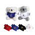 A pair of koala plush toys in white and grey with various coloured shirts, including red, black, and blue.