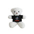 A white bear plush toy wearing a black T-shirt with a logo. The toy has round eyes and a cute expression.
